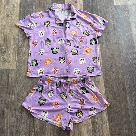 Celebrate Halloween Monster Print Shorty Pajama Set Purple PJ 2 Piece Women’s XS - Picture 3 of 10